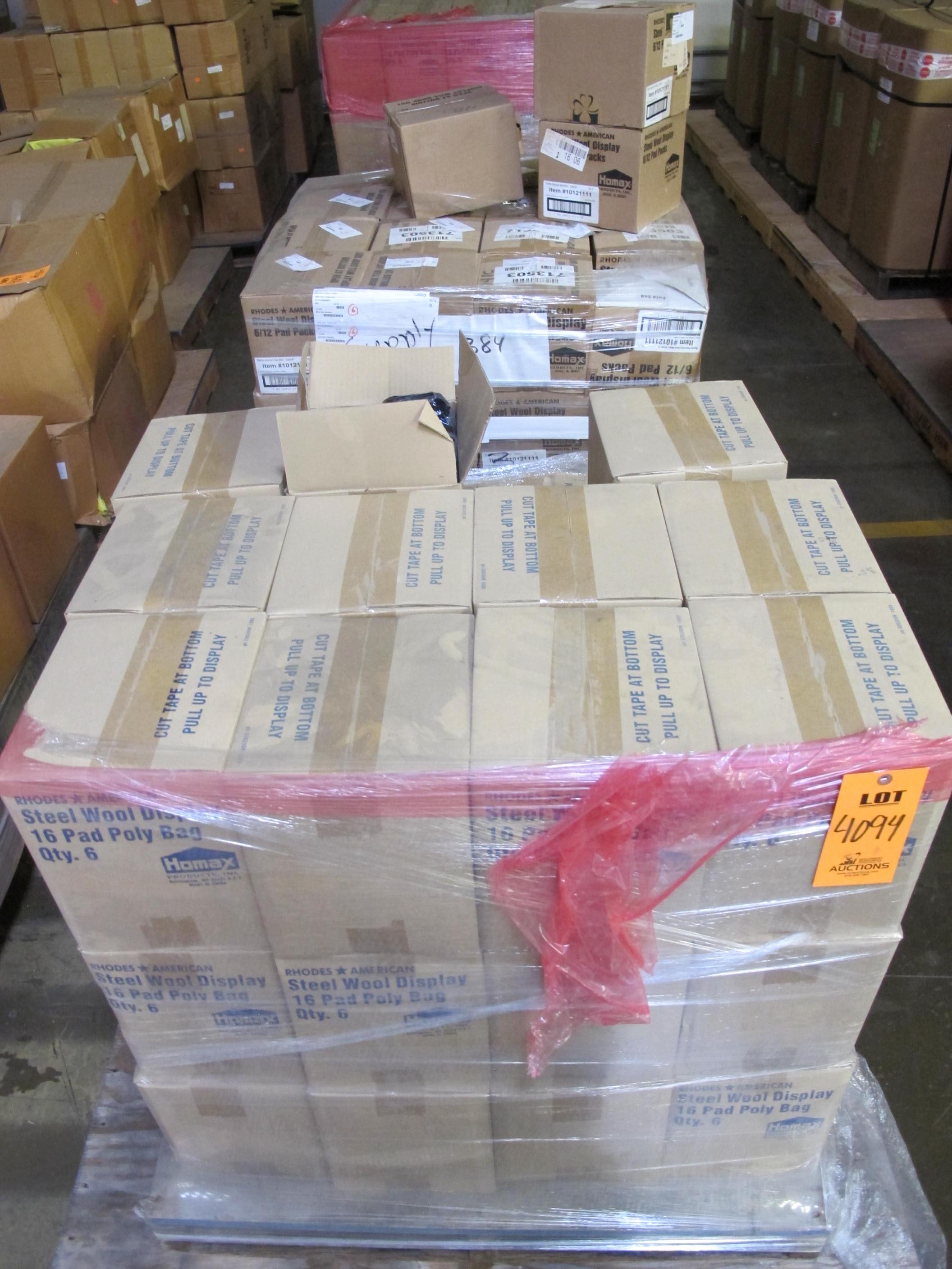 LOT TO INCLUDE LARGE QUANTITY OF STEEL WOOL: (255) 16 PAD PACKS STEEL WOOL, (383) 12 PAD PACKS OF STEEL WOOL. LOADING & HANDLING FEE $30-4094